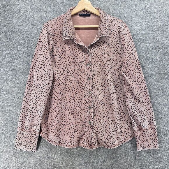 Jane+Delancey Shirt Women L Large Pink Animal Print Button Up Waffle Cotton - Picture 1 of 9